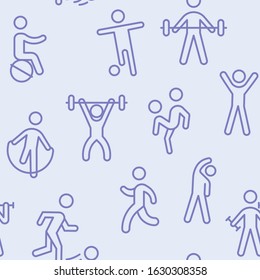 Sport training pattern. Fitness and gym icons pattern seamless background. Vector graphics