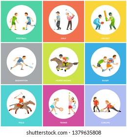 Sport training people, poster set football, golf and cricket, horse racing, badminton and rugby, polo and tennis, curling round icon, sporty man and woman vector