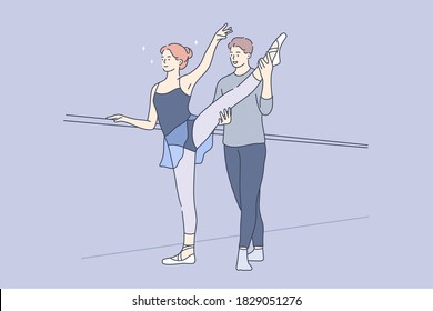 Sport, training, practice, dance concept. Young woman girl teenager student ballet dancer practicing dancing position with man guy teacher togehter in classroom studio. Fitness exercise illustration.