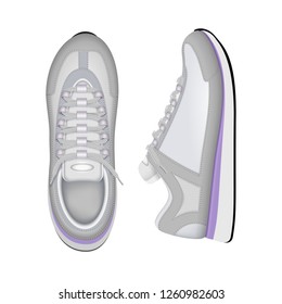 Sport Training Running Sneakers Trendy White Tennis Shoes Top And Side Closeup View Realistic Composition Vector Illustration