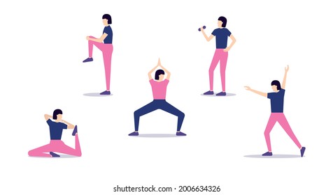Sport training set Vector illustration in flat design Female characters in bright clothes in active fit poses isolated on white background