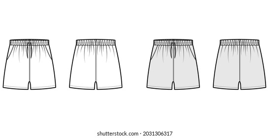 Sport training shorts Activewear technical fashion illustration with low waist, rise, drawstrings, pockets, Relaxed fit, micro length. Flat template front, back, white grey color. Women men unisex CAD