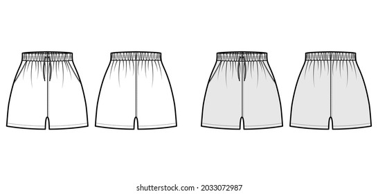 Sport training shorts Activewear technical fashion illustration with elastic high rise, drawstrings, Relaxed fit, micro length. Flat bottom template front, back, white grey color. Women men CAD mockup