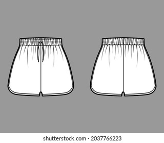 Pantalones de entrenamiento deportivo Activa ilustración técnica de moda con cintura normal elástica, alta altura, Flor Split Hem, Ajuste relajado. Plano inferior de la plantilla, reverso, color blanco. Hombres mujeres CAD mofa