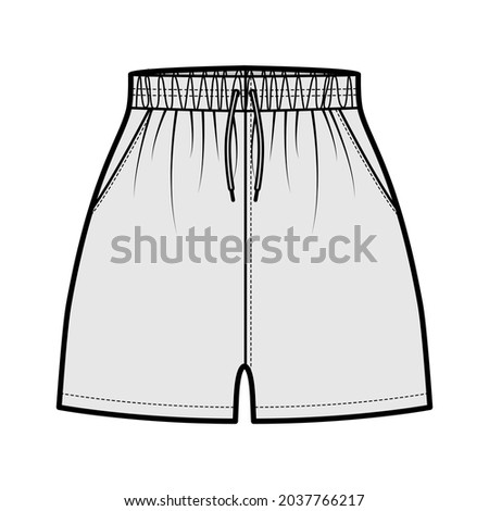 Sport training shorts Activewear technical fashion illustration with elastic normal waist, high rise, drawstrings, Relaxed fit, micro length. Flat bottom template front, grey color. Women CAD mockup