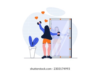 Sport training web concept with character scene. Woman with dumbbells doing strength exercises at gym mirror. People situation in flat design. Vector illustration for social media marketing material.
