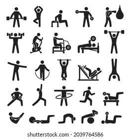 Sport training workout icon, fitness exercising pictograms. People lifting dumbbells, doing yoga, boxing. Sports recreation activity vector set. Bodybuilding and practicing pilates