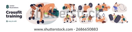 Sport training workout set. People performing physical exercises in gym. Functional sports activity with rope, tire, dumbbell. Flat vector illustrations isolated on white background