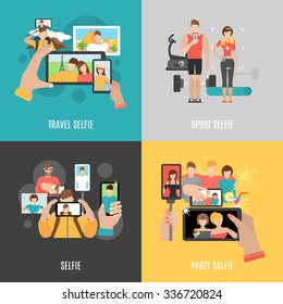 Sport travel and party selfies with friends 4 flat  icons square composition banner abstract isolated vector illustration