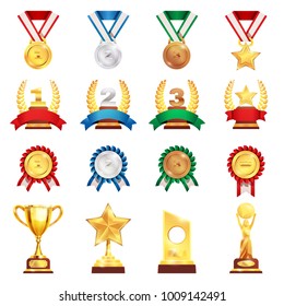 Sport trophies festival awards collection with gold silver bronze medals and football championship cup isolated vector illustration 