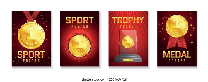 Sport trophy ad poster set with medals red ribbons glass award on pedestal isolated vector illustration