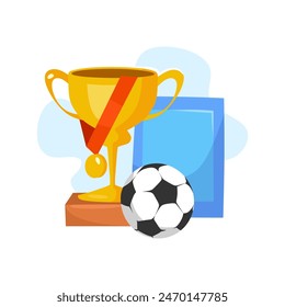 Sport trophy concept cartoon vector illustration. Football soccer trophy icon for banner, online course, poster etc. Championship golden reward with a ball and diploma. Winner golden prize set.