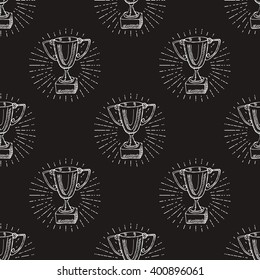 Sport trophy seamless pattern sketch doodle. Hand drawn winners prize on chalkboard background .