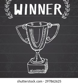 Sport trophy sketch doodle. Hand drawn winners prize on chalkboard background.