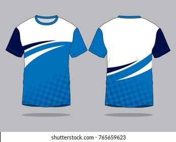 Sport T-shirt Design Curve Style Blue-White-Navy And Checkered Gradient Graphic Lines Pattern Vector.Front And Back View.
