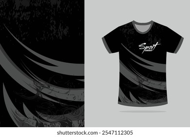 Diseño de camiseta deportiva. Diseño abstracto de la maqueta de la Plantilla del jersey del deporte para el juego, fútbol, carreras, en color negro