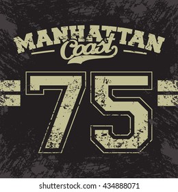 Sport t-shirt graphic design, grunge print stamp "manhattan", vector