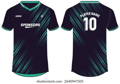 Sport t-shirt jersey design flat sketch illustration, Degrade line pattern v neck Football jersey concept with front and back view for Soccer, Cricket, Volleyball, Rugby, tennis, badminton uniform kit