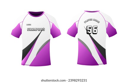 Sport t-shirt mockup. Flat, white purple, back and front view, t-shirt layout for sports, t-shirt with number 56, player name mockup location. Vector icons