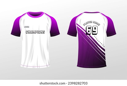 Sport t-shirt mockup. Flat, white-purple, t-shirt with number 69, player name mockup location, back and front view, t-shirt layout for sports. Vector icons