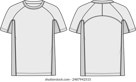 Sport T-Shirt Vector Illustration CAD Mock Up Front and Back Views featuring mesh panels and performance fit