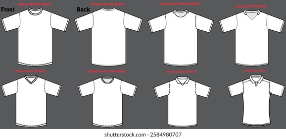 Sport t-shirts Set vector template with classic, triangle and polo collar for spring-summer vector illustration