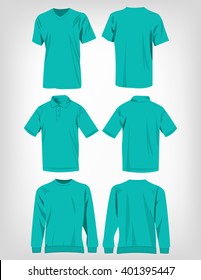Sport turquoise t-shirt, sweater and polo shirt isolated set vector