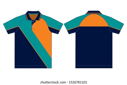 Sport Turquoise-Orange-Navy Blue Short Raglan Sleeve Polo Shirt with Orange Piping Design On White Backgrpund.Front and Back View.