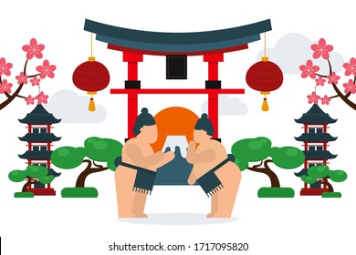 Sport type for fat people, vector illustration. Sumo wrestlers facing each other, large body weight for martial arts banner. Japanese sport, traditional pagada building, lamp and blooming sakura.