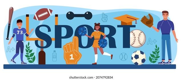 Sport Typographic Header. Physical Education Or School Sport Class Concept. Students Doing Excercise In The Gym With Sport Equipment. Flat Vector Illustration