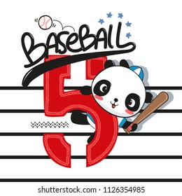 Sport typography design with cute panda baseball player holding bat on striped background illustration vector.