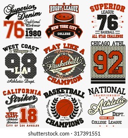 Sport Typography Graphics logo set, T-shirt Printing Design. Athletic original wear, Vintage Print for sportswear apparel