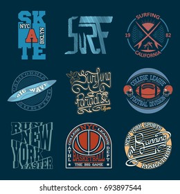 Sport Typography Graphics logo set, T-shirt Printing Design original wear, Vintage Print for sport swear apparel.
