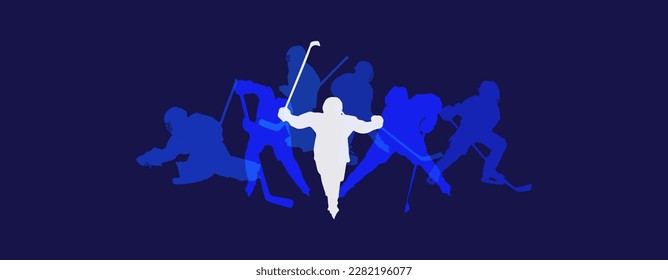 Sport Ultramarine blaue Banner mit silhouettes Kinderhockeyspieler. Emotionen der Freude und des Sieges. Gewinner. Hockey-horizontaler Hintergrund für das Platzieren von Text. 