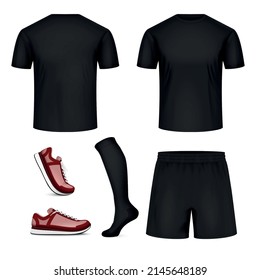 Sport uniform black mockup realistic set of clothe and shoe for football or volleyball playing isolated vector illustration