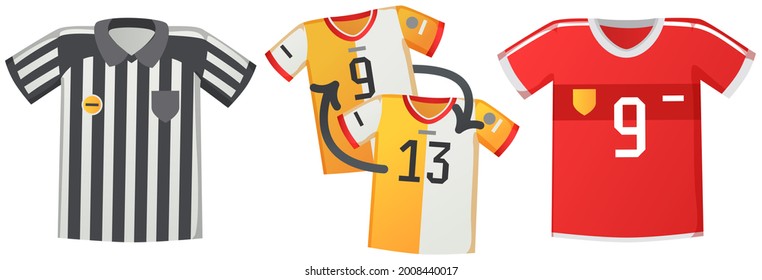 Sport uniform Jerseys, colorful soccer shirts flat vector set isolated on white background. Clothing for team play of athletes, goalkeeper, striker and referee with numbers and emblems, t shirt