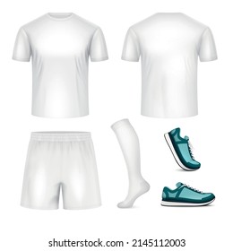 Mockup blanco uniforme deportivo conjunto realista de camisetas pantalones cortos calcetines zapatillas aisladas ilustración vectorial