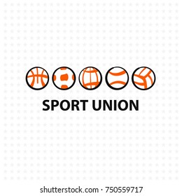 Sport union, association, world template logo, sign, label.  Sketch vector illustration. Ball for volleyball, football, baseball, basketball, tennis.