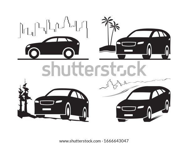 Sport utility vehicle in different\
landscapes - vector\
illustration