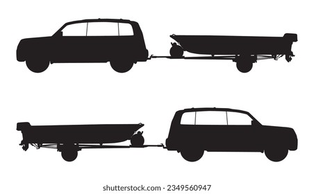 A sport utility vehicle is towing a boat on a trailer in silhouette