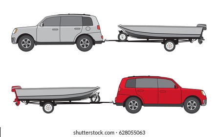 Sport Utility Vehicle In Two Different Color Schemes Is Towing Boat On Trailer