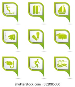 Sport And Vacation Icons On Green Map Pointers