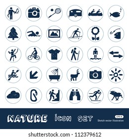 Sport, vacation and nature web icons set. Hand drawn sketch illustration isolated on white background