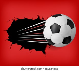 Sport vector banner with soccer ball flying from crack. Red background