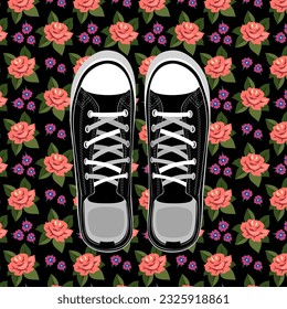Sport vector black shoes on floral background. Great element for your sport, fashion design.