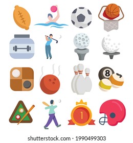 Sport vector clip art set with golf ball, billiards, bowling, checkers, protein can, first place medal, soccer goal