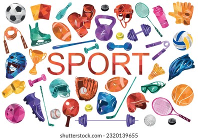 Sport vector colorful illustration background. Sports equipment inventory. Healthy lifestyle tools.