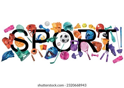 Sport vector colorful illustration background. Sports equipment inventory. Healthy lifestyle tools.