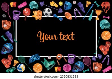 Sport vector colorful illustration background. Sports equipment inventory. Healthy lifestyle tools.