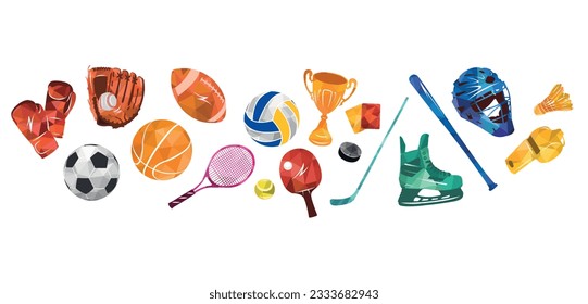 Sport vector colorful illustration background. Sports equipment inventory. Healthy lifestyle tools.